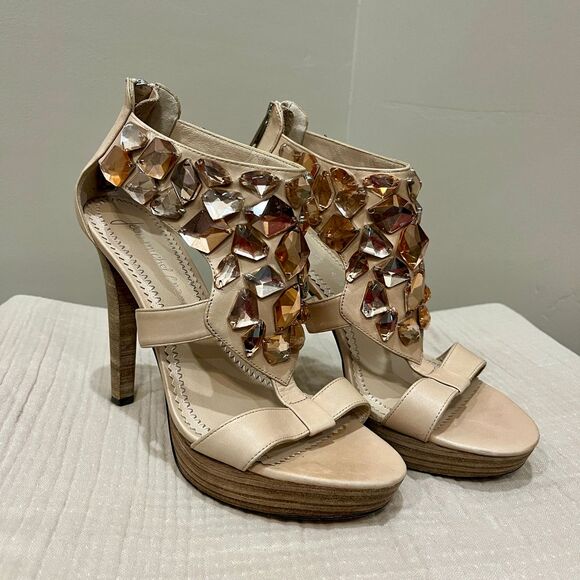 Jean-Michel Cazabat Shoes - Jean-Michel Cazabat Crystal Embellished Platform Leather High Heels Nude Sz 7.5